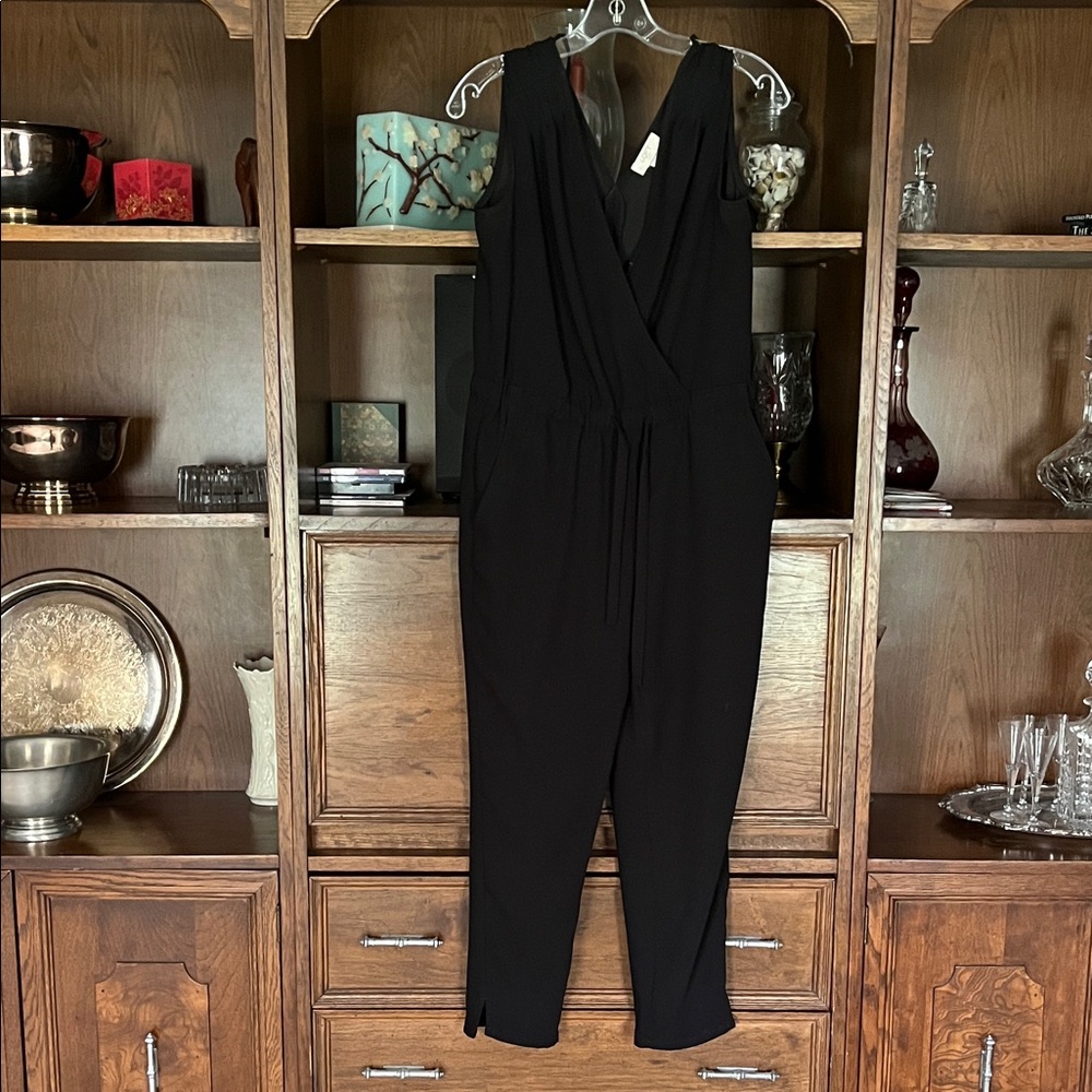 LOFT Black Sleeveless Faux-Wrap Jumpsuit